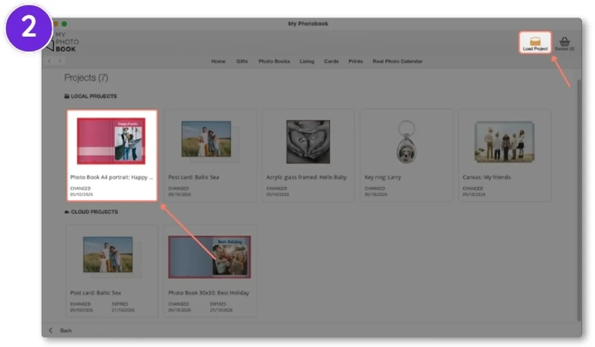 Een lokaal project in de downloadsoftware wordt geselecteerd en opgeslagen