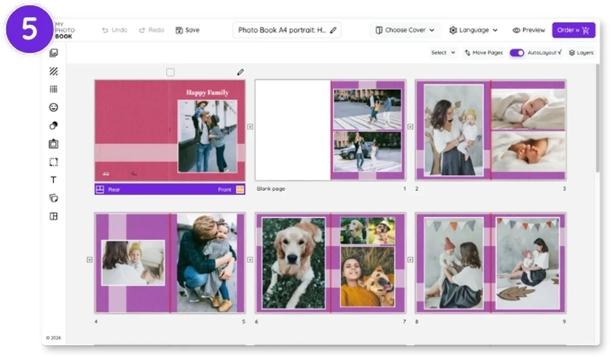 Het fotoboek wordt in de online editor gecontroleerd voordat de bestelling wordt geplaatst